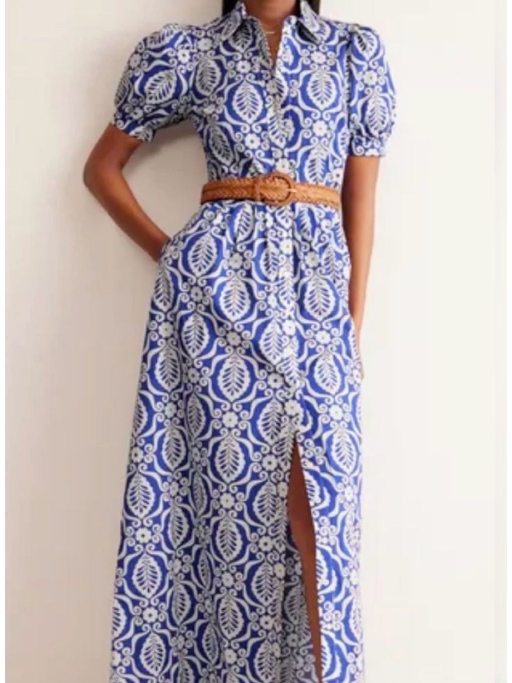 Boden Blue and White Printed Maxi Shirt Dress with Puff Sleeves